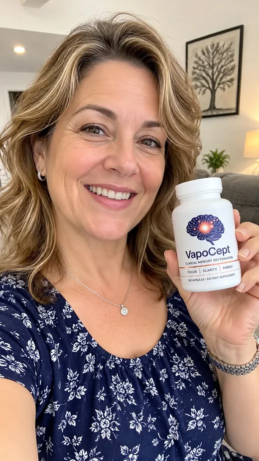 Smiling woman holding a VapoCept bottle at home